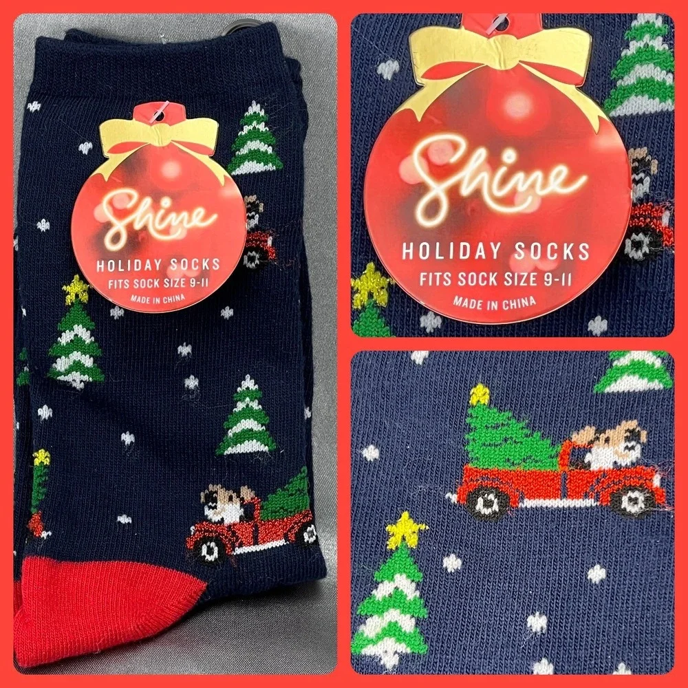 Shine Christmas Holiday Socks Women's OS Dog Truck Tree Navy Stocking Stuffers‎